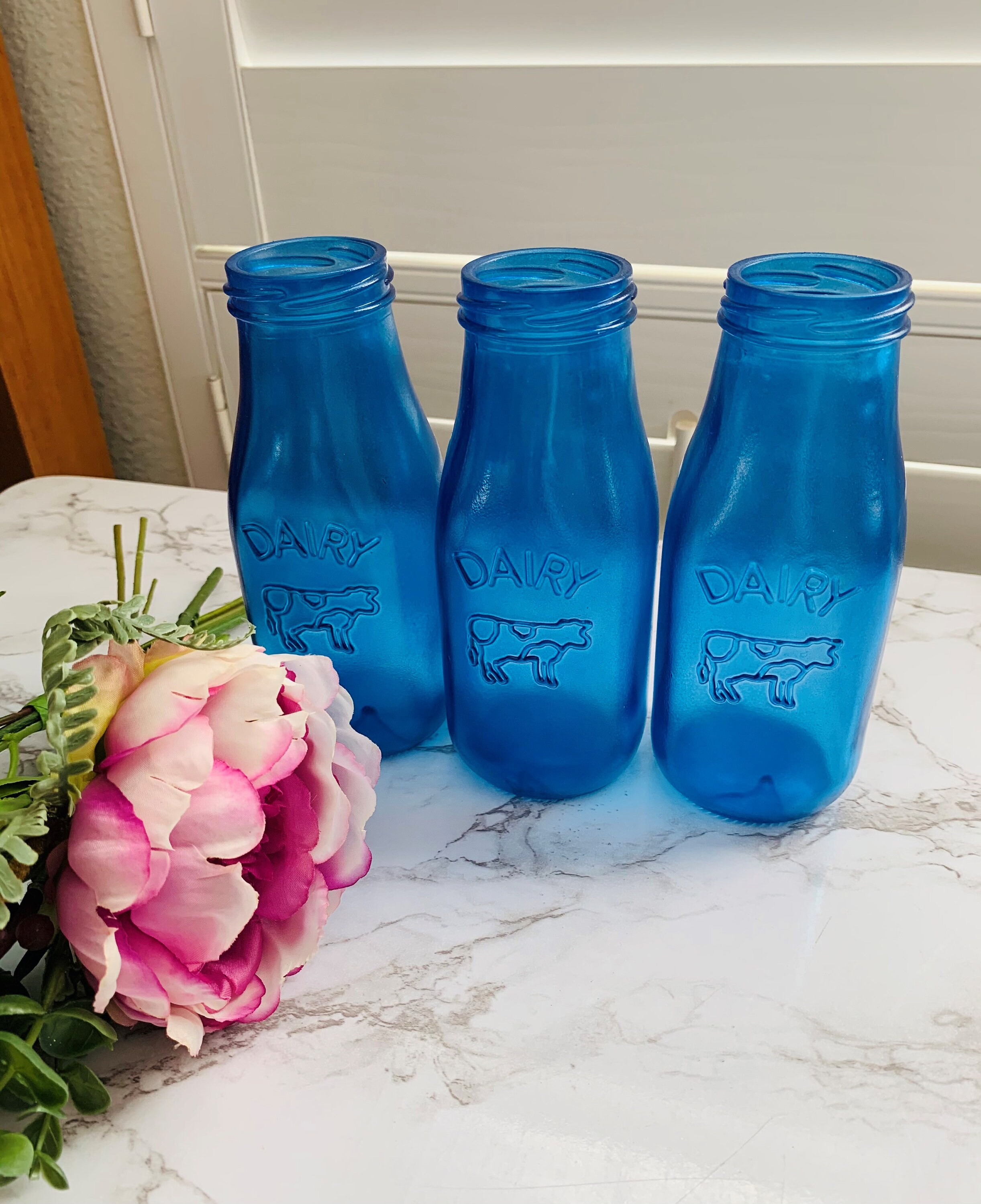 Sea Glass Cobalt Blue Small Milk Bottles Small Vases Kitchen Etsy