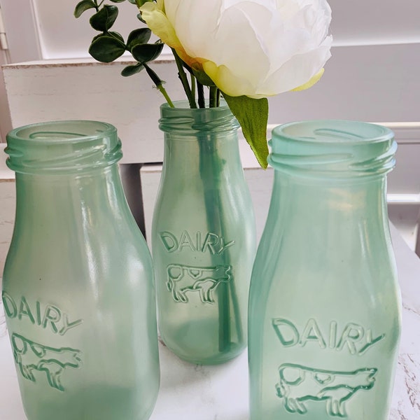 Three Sea Glass Sea Foam Glass Milk Bottles; Table Centerpiece; Small Vases