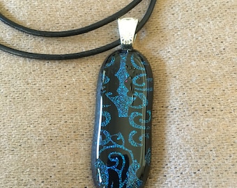 Sparling Blue on Black Hand-etched Dichroic Pendant
