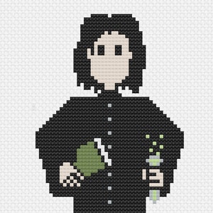 May include: A black and white pixel art cross-stitch pattern of a character wearing a black robe and holding a green book and a vial of green liquid.