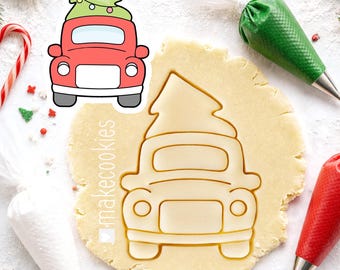 Christmas Truck Cookie Cutter: Tree Imprint, Hand-Drawn Design for holiday baking, fondant and clay crafts