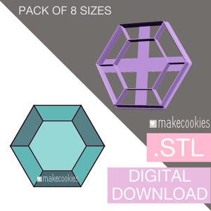 May include: Digital download of eight STL files for a geometric cookie cutter in the shape of a purple diamond. The image shows a 3D rendering of the cookie cutter.