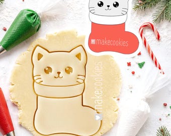 Christmas Kitten in the Stocking Cookie Cutter: Cute Cat Cookie, Clay and Fondant Stamp
