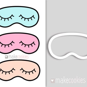 May include: Three different coloured sleep masks with eyelashes. The masks are light blue, pink and peach. The masks are outlined in black. The text "makecookies" is at the bottom of the image.