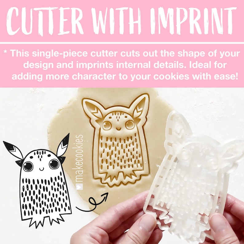 May include: A cookie cutter with the text "CUTTER WITH IMPRINT" in pink. The cutter is in the shape of a cartoon creature, with a matching imprint on dough. A drawing of the creature is also shown. The text "makecookies" is also visible.