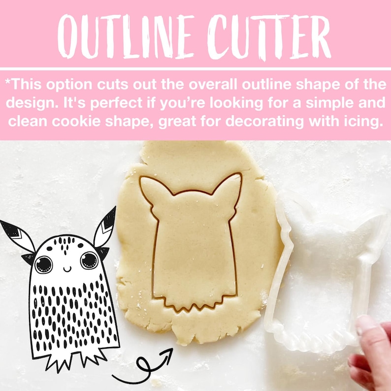 May include: A cookie cutter with the text "OUTLINE CUTTER" above a cut-out cookie in the shape of a cartoon creature. The cookie cutter is white and the cookie dough is light brown. A cartoon illustration of the creature is on the left.