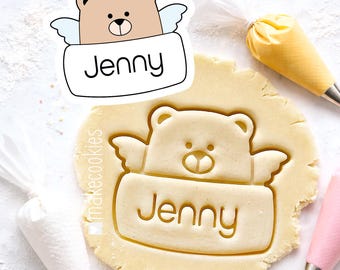 Personalized Teddy Bear Plaque Cookie Cutter: Baby Shower, Birthday themed stamp for baking, clay and DIY gifts and decor