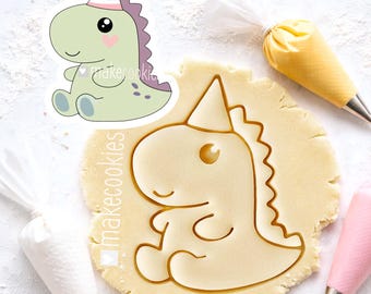 Dino with Birthday Hat Cookie Cutter: Dinosaur Themed stamp for Baking, Fondant and Clay