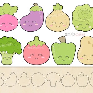 May include: Set of 10 cookie cutters featuring various vegetables with cute faces. The cutters are in the shape of a radish, eggplant, onion, cabbage, broccoli, tomato, bell pepper, and pear. The cutters are shown on a brown surface with outlines of the cutters below.