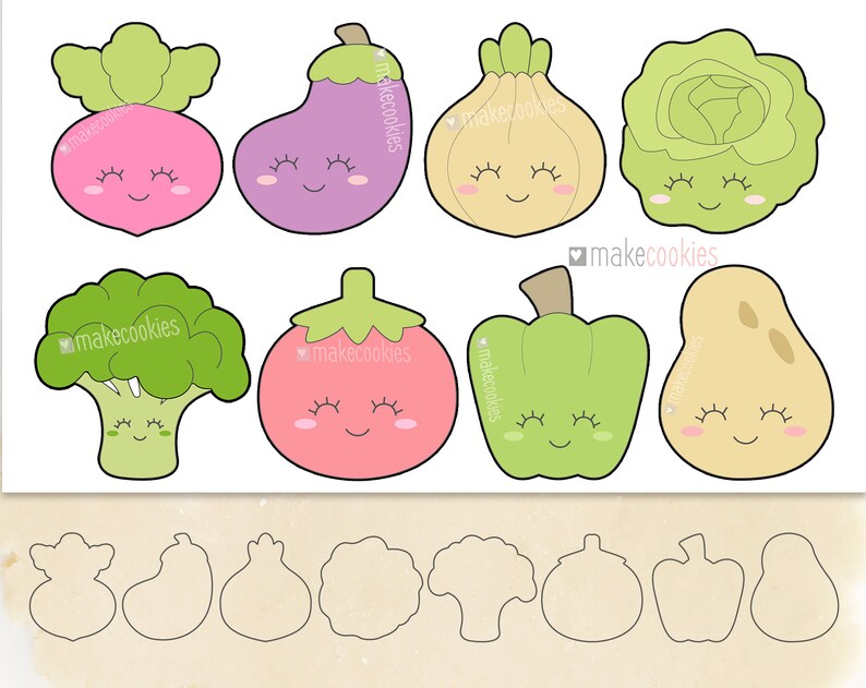 May include: Set of 10 cookie cutters featuring various vegetables with cute faces. The cutters are in the shape of a radish, eggplant, onion, cabbage, broccoli, tomato, bell pepper, and pear. The cutters are shown on a brown surface with outlines of the cutters below.