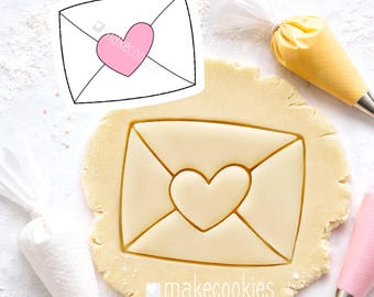 Love Letter Cookie Cutter - Envelope with Heart Imprint - Valentine's Day Baking, Fondant & Clay stamp