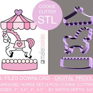 Puede incluir: Un conjunto de tres diseños digitales de cortadores de galletas para un caballo de carrusel. Los diseños incluyen un caballo de carrusel, un techo de carrusel y una base de carrusel. Los diseños están disponibles en cuatro tamaños: 7,6 cm, 8,9 cm, 10,2 cm y 11,4 cm. La profundidad de los cortadores es de 1,9 cm.