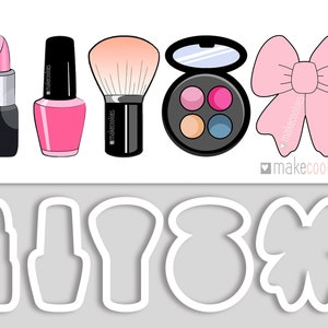 May include: Five cookie cutters shaped like makeup items: lipstick, nail polish, makeup brush, eyeshadow palette, and a bow. The cutters are white and are on a gray background.