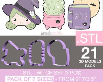 May include: A digital download graphic featuring witch-themed designs. Includes a witch face, cauldron, spell book, and moon with bats. Also includes 3D model outlines of the witch hat, cauldron, and spell book. Text reads: "STL 21 3D MODELS PACK, PACK OF 7 SIZES - FROM 2" TO 5" DIGITAL DOWNLOAD."