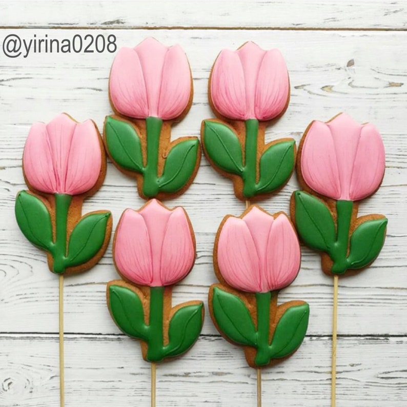 Op de afbeelding: Zes roze en groene suikerkoekjes versierd om eruit te zien als tulpen. De koekjes zitten op stokjes en zijn gerangschikt op een wit houten oppervlak.