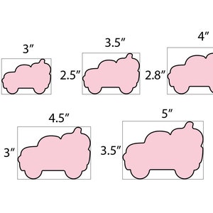 May include: Five pink car-shaped cookie cutters in varying sizes. The smallest is 3 inches long and 2.1 inches high, while the largest is 5 inches long and 3.5 inches high. Each cutter is outlined in black.