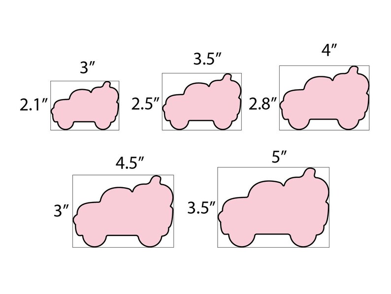 May include: Five pink car-shaped cookie cutters in varying sizes. The smallest is 3 inches long and 2.1 inches high, while the largest is 5 inches long and 3.5 inches high. Each cutter is outlined in black.