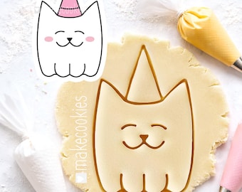 Cat in Birthday Hat cookie cutter for baking fondant and clay, Unique hand drawn design
