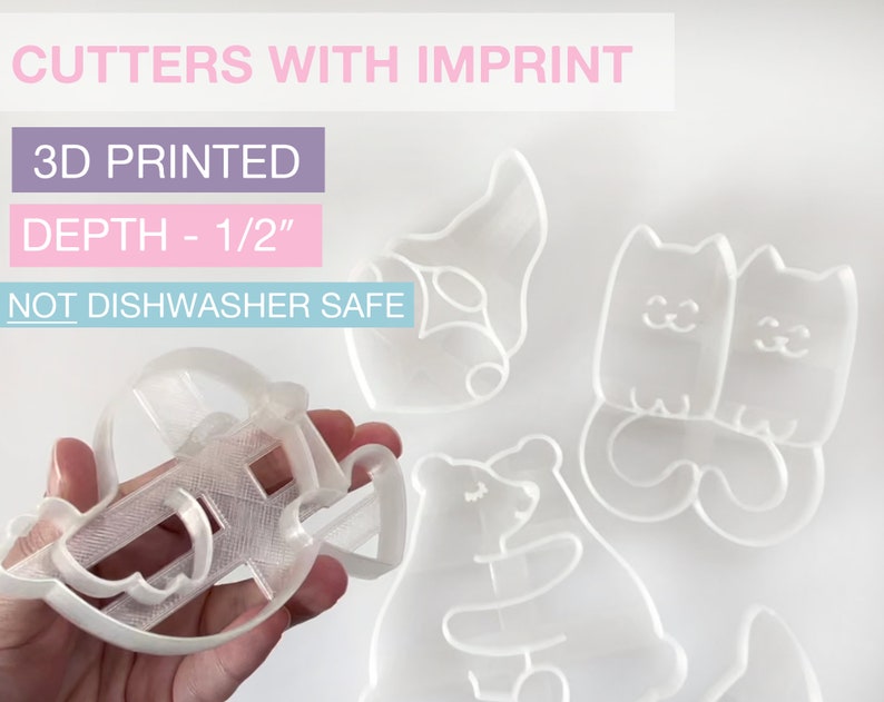 May include: Clear 3D-printed cookie cutters with imprint. The image shows a variety of shapes, including a gnome, two cats, a bear, and a rocking horse. The depth of the cutters is 1/2 inch. The text on the image says "CUTTERS WITH IMPRINT", "3D PRINTED", "DEPTH - 1/2", and "NOT DISHWASHER SAFE".