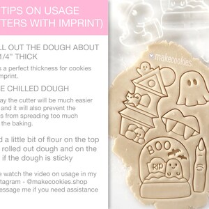 May include: A sheet of cookie dough with several Halloween-themed cookie cutter imprints. The designs include a haunted house, ghost, vampire fangs, and a tombstone with a ghost. Text on the image provides tips on usage.