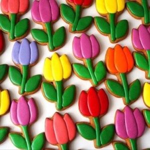 Op de afbeelding: Een verzameling kleurrijke gingerbreadkoekjes in de vorm van tulpen. De koekjes zijn versierd met glazuur in tinten rood, oranje, geel, groen, paars en roze.