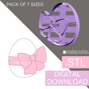May include: A digital download of seven different sized STL files for a 3D printed cookie cutter in the shape of an Easter egg with a bow. The cutter is purple and the image shows a white outline of the cutter with a pink bow on a white egg.