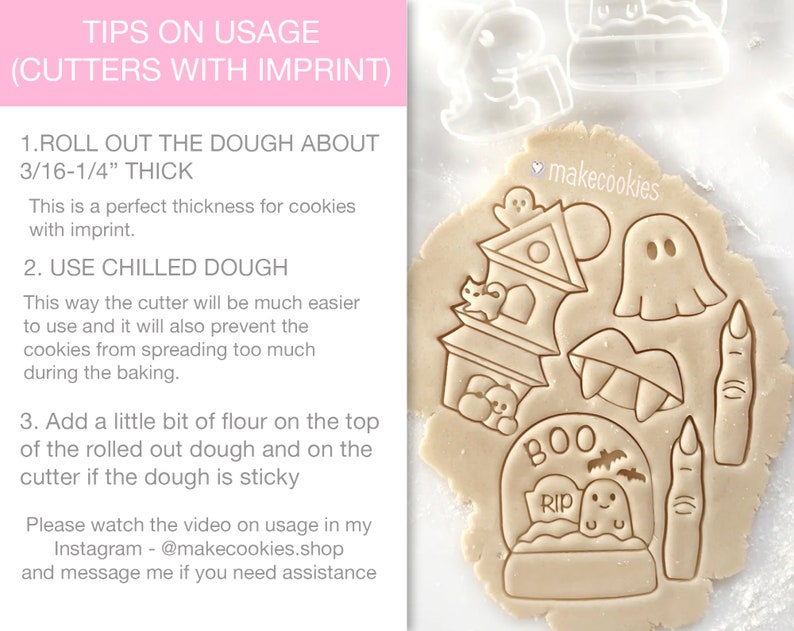 May include: A sheet of cookie dough with several Halloween-themed cookie cutter imprints. The designs include a haunted house, ghost, vampire fangs, and a tombstone with a ghost. Text on the left side provides tips on usage.