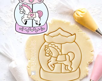 Carousel Horse Snow Globe Cookie Cutter: Hand-Drawn Amusement park themed Design for baking, fondant & clay