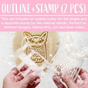May include: Clear plastic cookie cutter and stamp set. The set includes an outline cutter and a separate stamp for internal details. The text "OUTLINE+STAMP (2 PCS)" is visible in pink. The stamped cookie design is an owl.