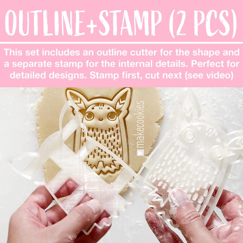 May include: Clear plastic cookie cutter and stamp set. The set includes an outline cutter and a separate stamp for internal details. The text "OUTLINE+STAMP (2 PCS)" is visible in pink. The stamped cookie design is an owl.