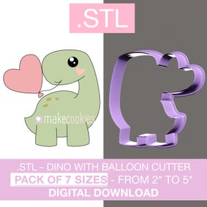 Digital Download Birthday Dino with Heart Balloon Cookie Cutter 3d model for 3D printing