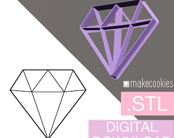 Könnte beinhalten: Ein diamantförmiger Ausstecher in hellem Lila und eine schwarze Umrisslinie eines Diamanten. Das Bild enthält den Text "PACK OF 9 SIZES", ".STL" und "DIGITALER DOWNLOAD".