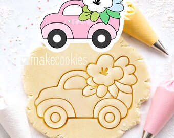 Truck with Flowers Cookie Cutter: Stamp for Baking, Fondant and Clay