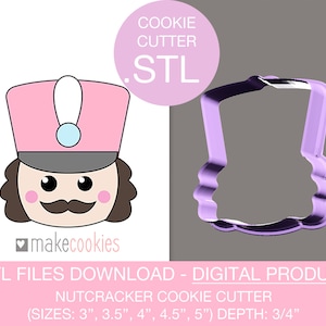 May include: A digital download for a 3D printable nutcracker cookie cutter. The cutter is shown in purple and the design is a cartoon nutcracker with a pink hat, black hair, and a mustache. The cutter is available in sizes 3, 3.5, 4, 4.5, and 5 inches with a depth of 3/4 inch.