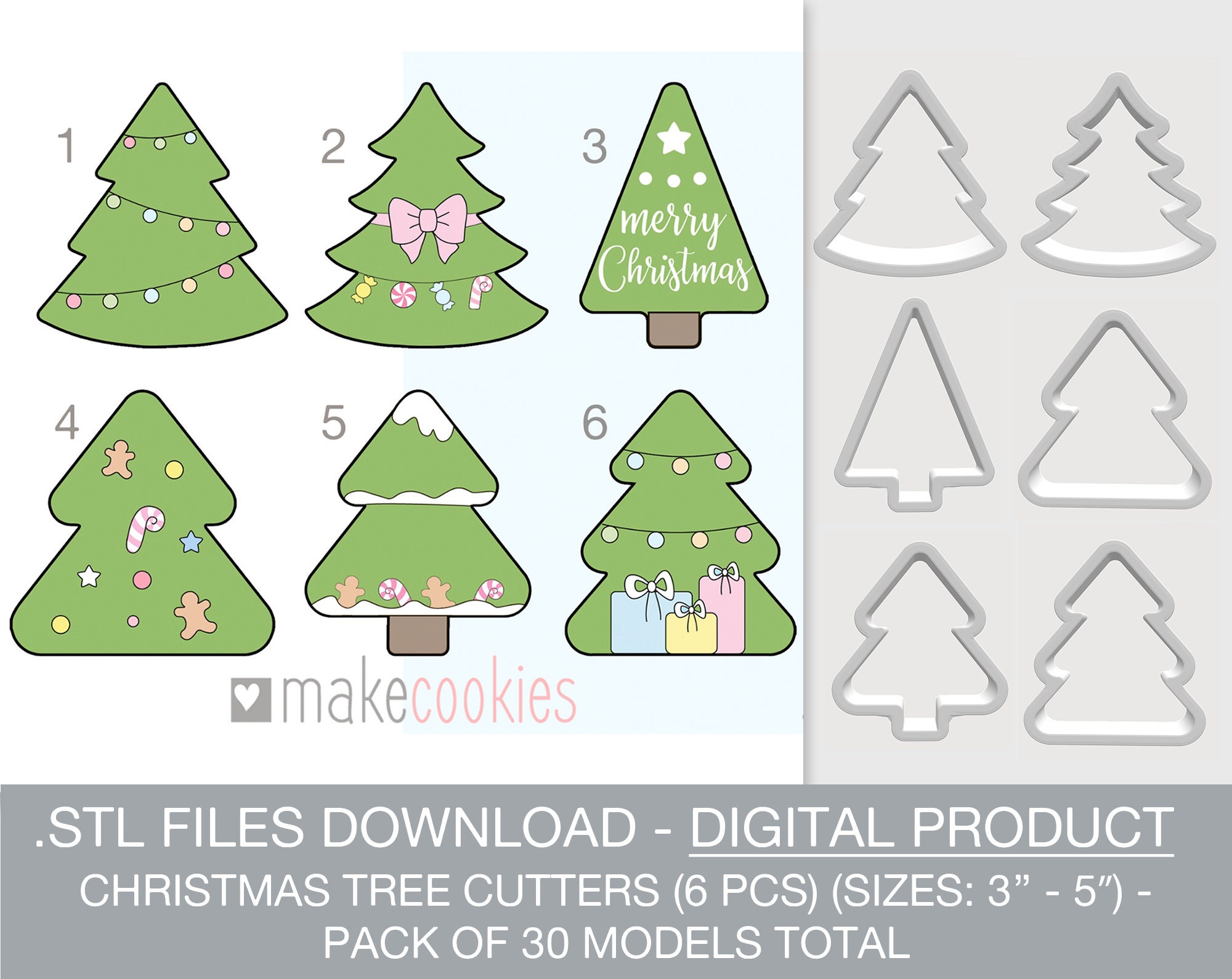 digital download christmas trees cookie cutter set, stl files, 3d