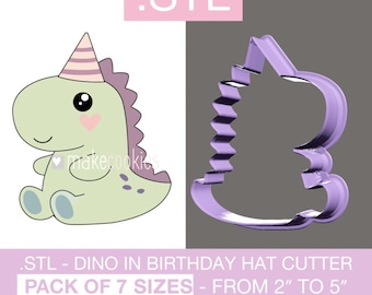 Digitaler Download Geburtstags-Dino im Hut Cookie Cutter 3D-Modell für den 3D-Druck