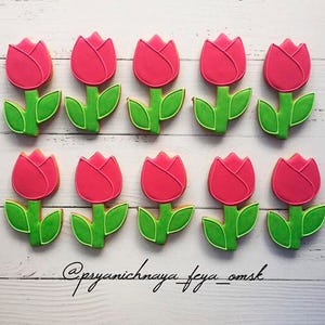 Op de afbeelding: Tien roze en groene suikerkoekjes versierd om eruit te zien als tulpen. De koekjes zijn gerangschikt in twee rijen van vijf op een wit houten oppervlak.