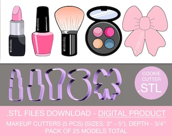May include: Five cookie cutters in purple plastic, shaped like a lipstick, nail polish bottle, makeup brush, eyeshadow palette, and a bow. The cutters are for making cookies. STL files download - digital product. Makeup cutters (5 pcs) (sizes: 3" - 5"), depth - 3/4". Pack of 25 models total.