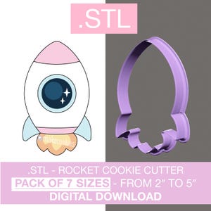 May include: A white and pink rocket ship illustration with a blue porthole and two stars, next to a purple rocket-shaped cookie cutter. Text reads ".STL - ROCKET COOKIE CUTTER PACK OF 7 SIZES - FROM 2" TO 5" DIGITAL DOWNLOAD."