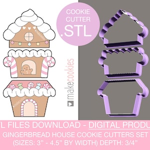 Puede incluir: Un conjunto de cortadores de galletas con forma de casa de jengibre, descarga digital. La imagen muestra tres casas de jengibre decoradas y tres cortadores de galletas de plástico morado. El texto dice "COOKIE CUTTER .STL" y "GINGERBREAD HOUSE COOKIE CUTTERS SET (TAMAÑOS: 7.6cm - 11.4cm DE ANCHO) PROFUNDIDAD: 1.9cm"