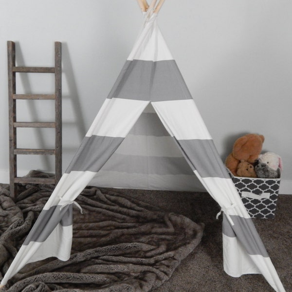 Kids Play Tent Teepee in Large Gray and White Stripe