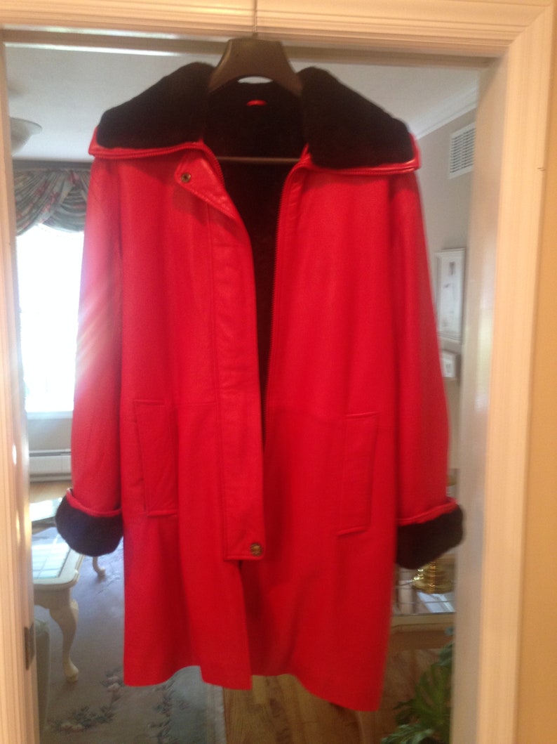 Supple Kid Red Leather Coat With Rabbit Collar Removable Lining