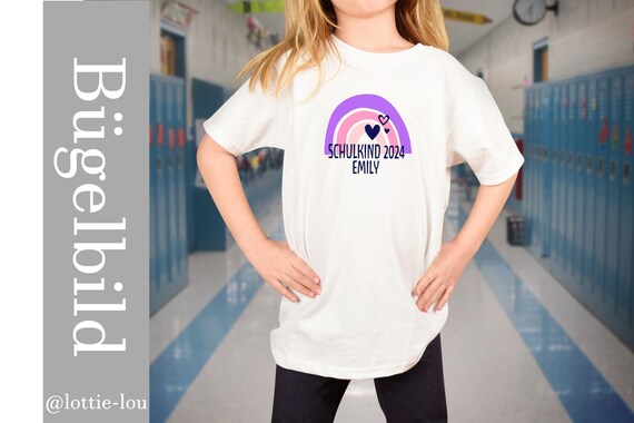Iron-on image schoolchild 2024 with name and rainbow for shirts and school cone in desired colors