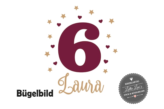 Personalized Ironing Picture Birthday with Desired Name Number with Hearts Stars in Glitter, Flock, Effect, Flex Iron On Press Birthday