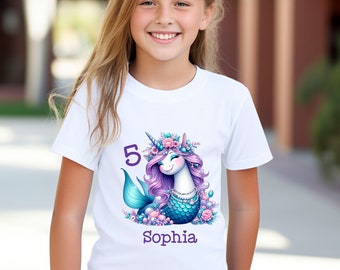 Gepersonaliseerde eenhoorn zeemeermin verjaardag t-shirt met gewenst nummer en naam