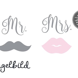 Iron On Ironing Picture Set Mrs & Mr. with kiss mouth and beard in desired font also for mask image 1