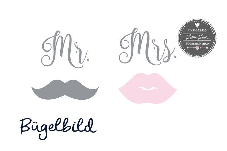 Iron On Ironing Picture Set Mrs & Mr. with kiss mouth and beard in desired font also for mask image 1