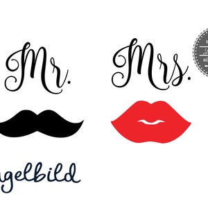 Iron On Ironing Picture Set Mrs & Mr. with kiss mouth and beard in desired font also for mask image 3