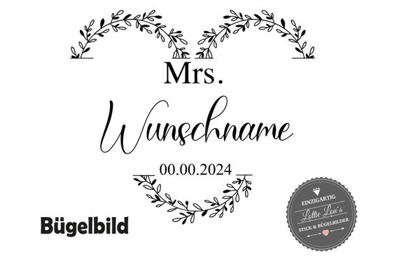 Iron-on image Bride Bride Mrs with desired name & date statement shirt