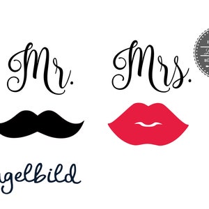 Iron On Ironing Picture Set Mrs & Mr. with kiss mouth and beard in desired font also for mask image 2